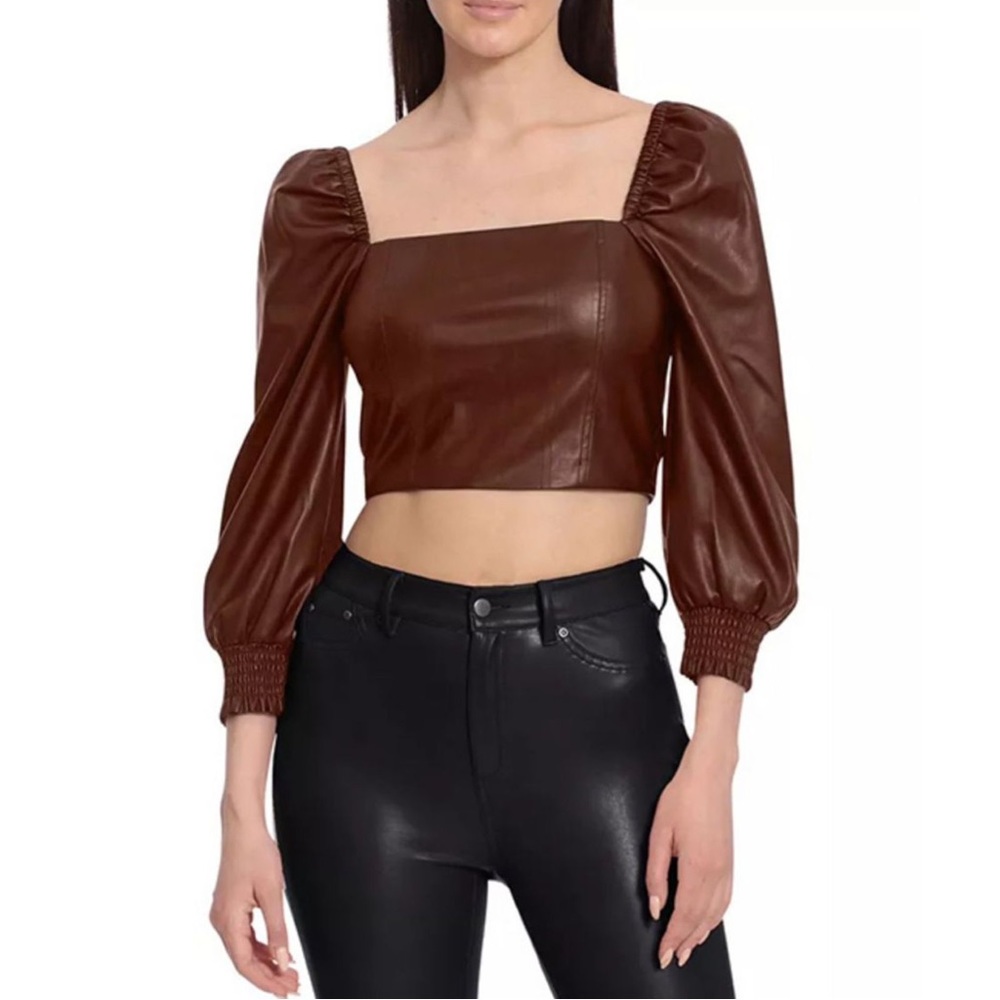 AVEC LES FILLES Sienna Faux-Leather Smocked Puff Sleeve Crop Top